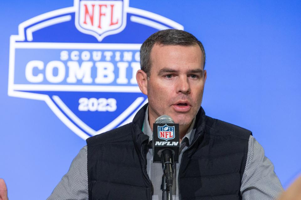 Buffalo Bills general manager Brandon Beane speaks to the press at the NFL Combine at Lucas Oil Stadium.