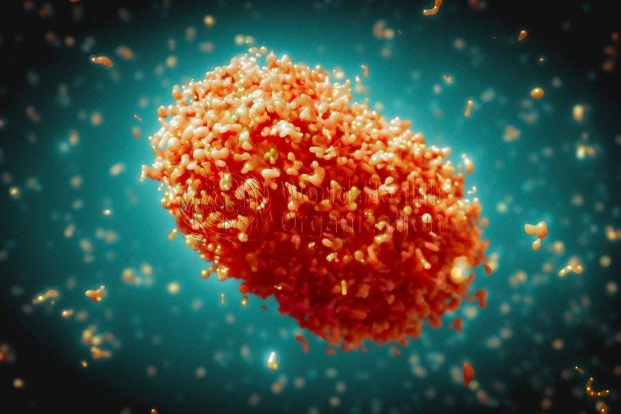 An illustration of monkeypox virus particles.