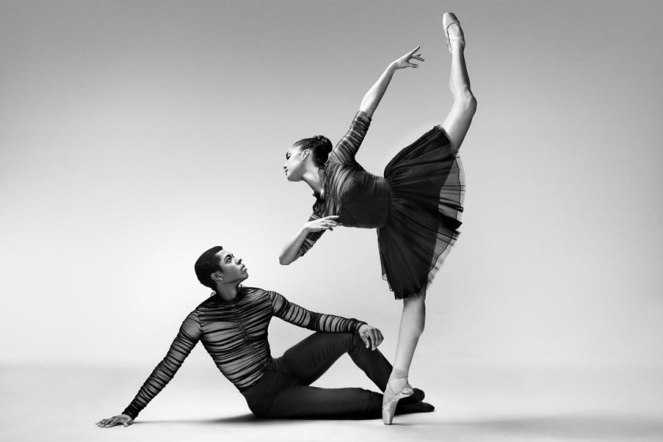 Christopher Grant (left) and Mira Nadon (right) in Virgil Abloh of Off-White™ for NYC Ballet.<p>Photo: Pari Dukovic/Courtesy of Rizzoli</p>