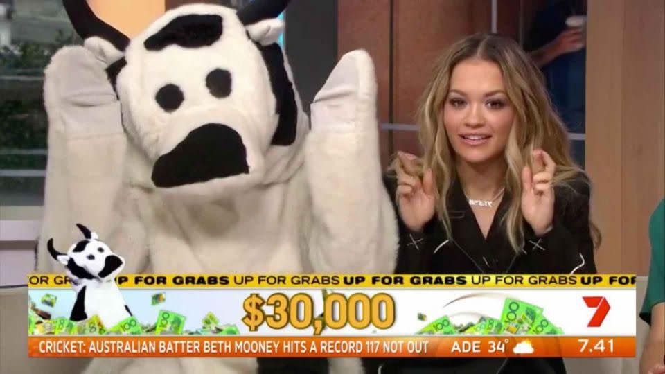 Earlier in the morning, she helped the morning show with their Cash Cow segment. Source: Seven