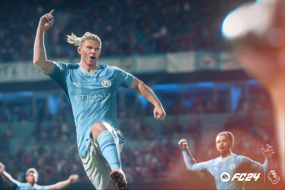 Erling Haaland celebrates another Manchester City goal in EA Sports FC24 (Electronic Arts Inc)