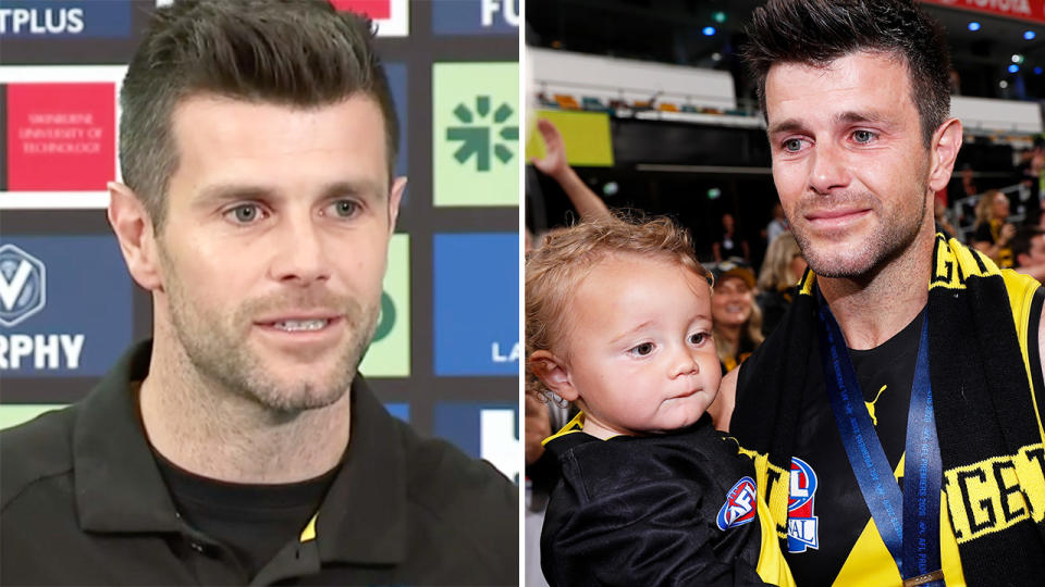 Trent Cotchin speaks at a press conference on the left, and is pictured with one of his children in his arms on the right.