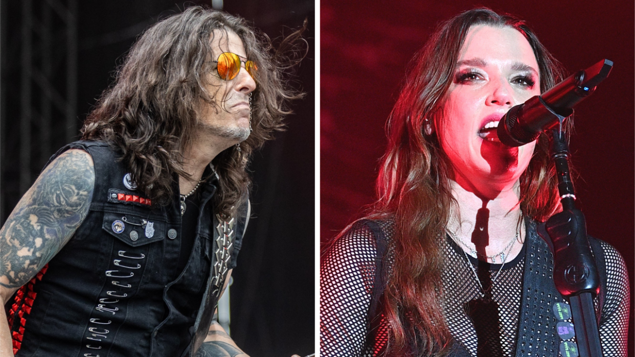  Rachel Bolan performing with Skid Row in 2023 and Lzzy Hale performing with Halestorm in 2023. 