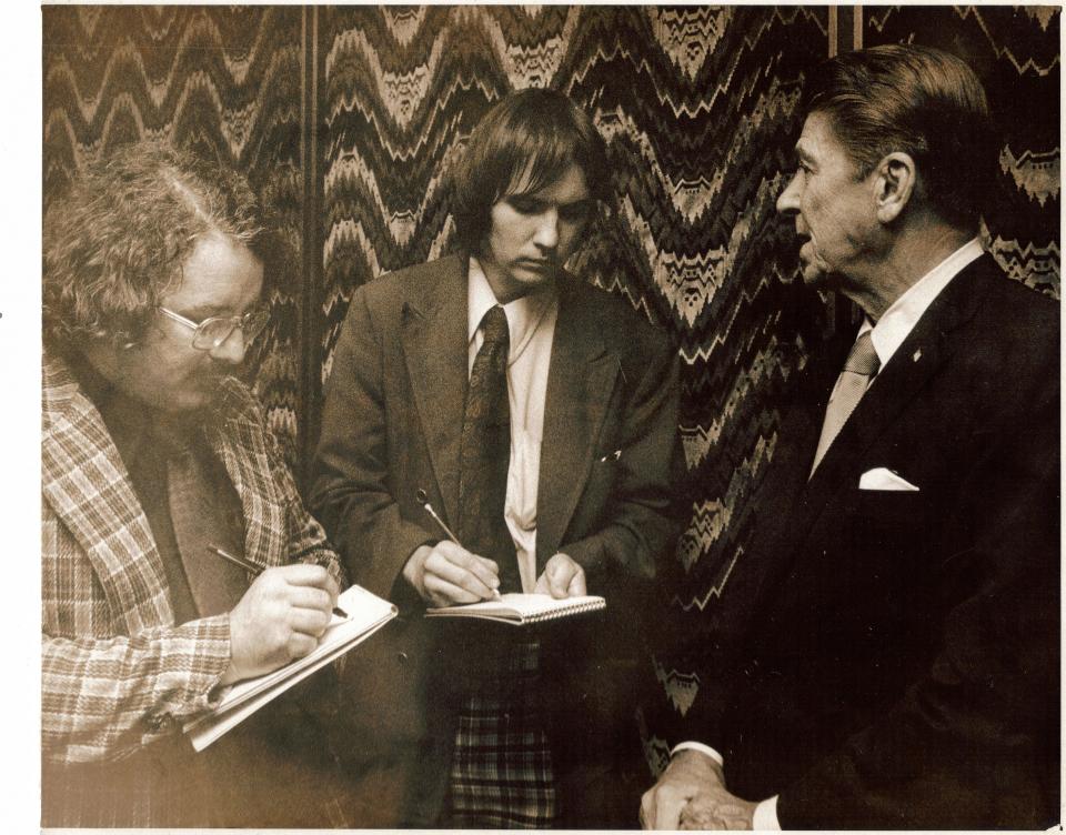 Bill Cotterell, far left, interviewing Ronald Reagan, with the late Dick Pettys, a legendary Associated Press reporter.