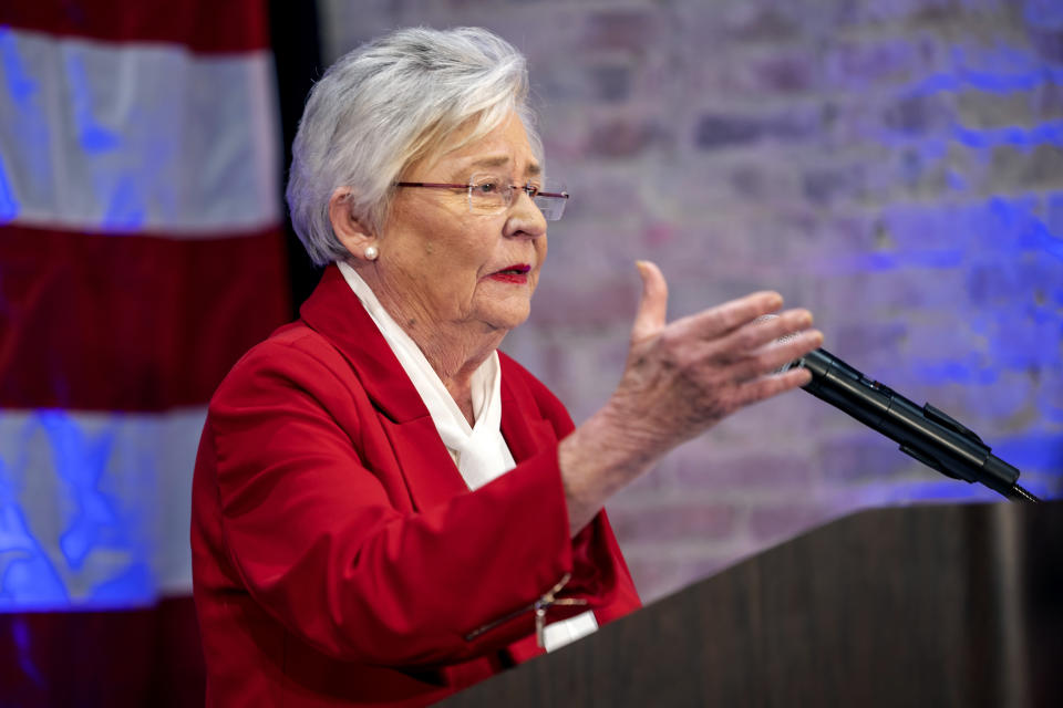 Gov. Kay Ivey speaks to supporters at her watch party after Alabama voted in midterm elections, Tuesday, Nov. 8, 2022, in Montgomery, Ala. (AP Photo/Vasha Hunt)