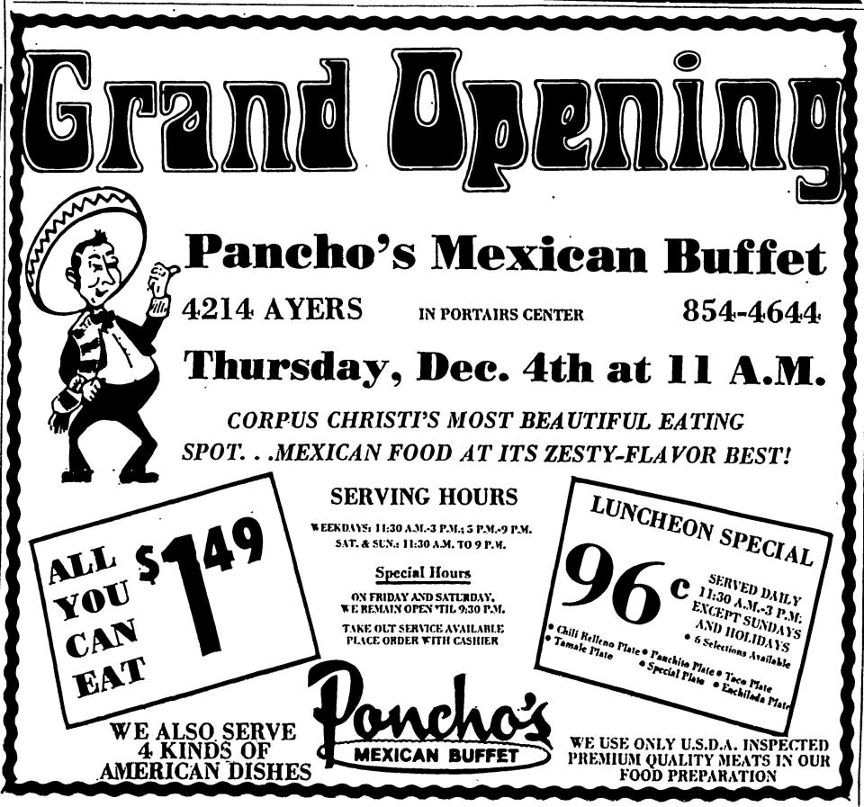 This advertisement from the Dec. 3, 1969, Corpus Christi Times announces the grand opening of Pancho's Mexican Buffet in the Portairs Shopping Center.