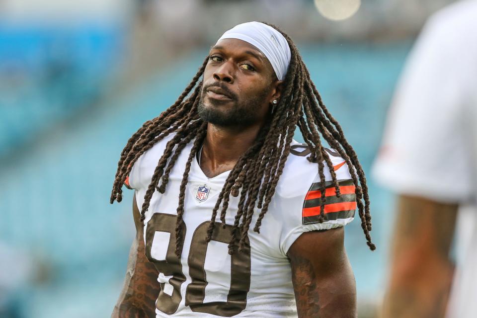 FILE - Cleveland Browns defensive end Jadeveon Clowney (90) warm-ups before the first half of an NFL preseason football game against the Jacksonville Jaguars, Friday, Aug. 12, 2022, in Jacksonville, Fla. Jadeveon Clowney was sent home Friday, Jan. 6, 2023, before practice and will likely not play in Sunday's season finale in Pittsburgh after he made critical comments about the team. (AP Photo/Gary McCullough, File)