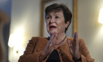 Kristalina Georgieva, Managing Director of the International Monetary Fund (IMF), speaks during an interview with The Associated Press in Berlin, Germany, Tuesday, Nov. 29, 2022. (AP Photo/Michael Sohn)