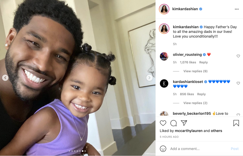 A screenshot of Tristan Thompson smiling with his daughter True