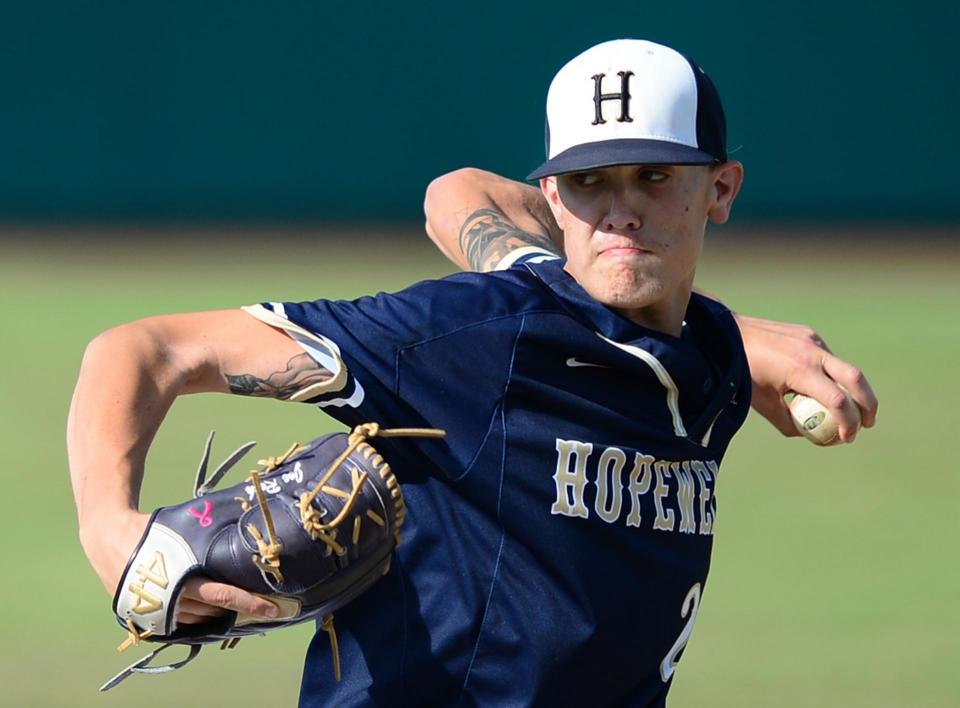 Joe Rock delivers a pitch for Hopewell in the 2018 PIAA playoffs.