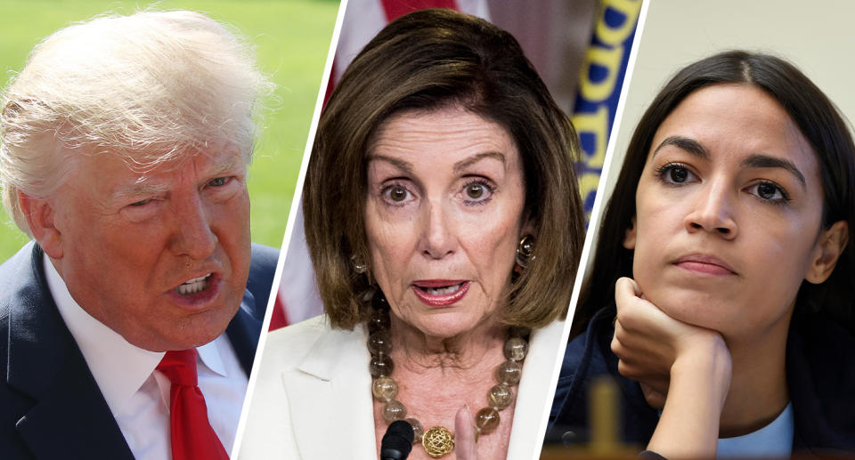 President Trump, House Speaker Nancy Pelosi and Rep. Alexandria Ocasio-Cortez, D-N.Y. (Photos: Mark Wilson/Getty Images, Bill Clark/CQ Roll Call/Getty Images, Susan Walsh/AP)