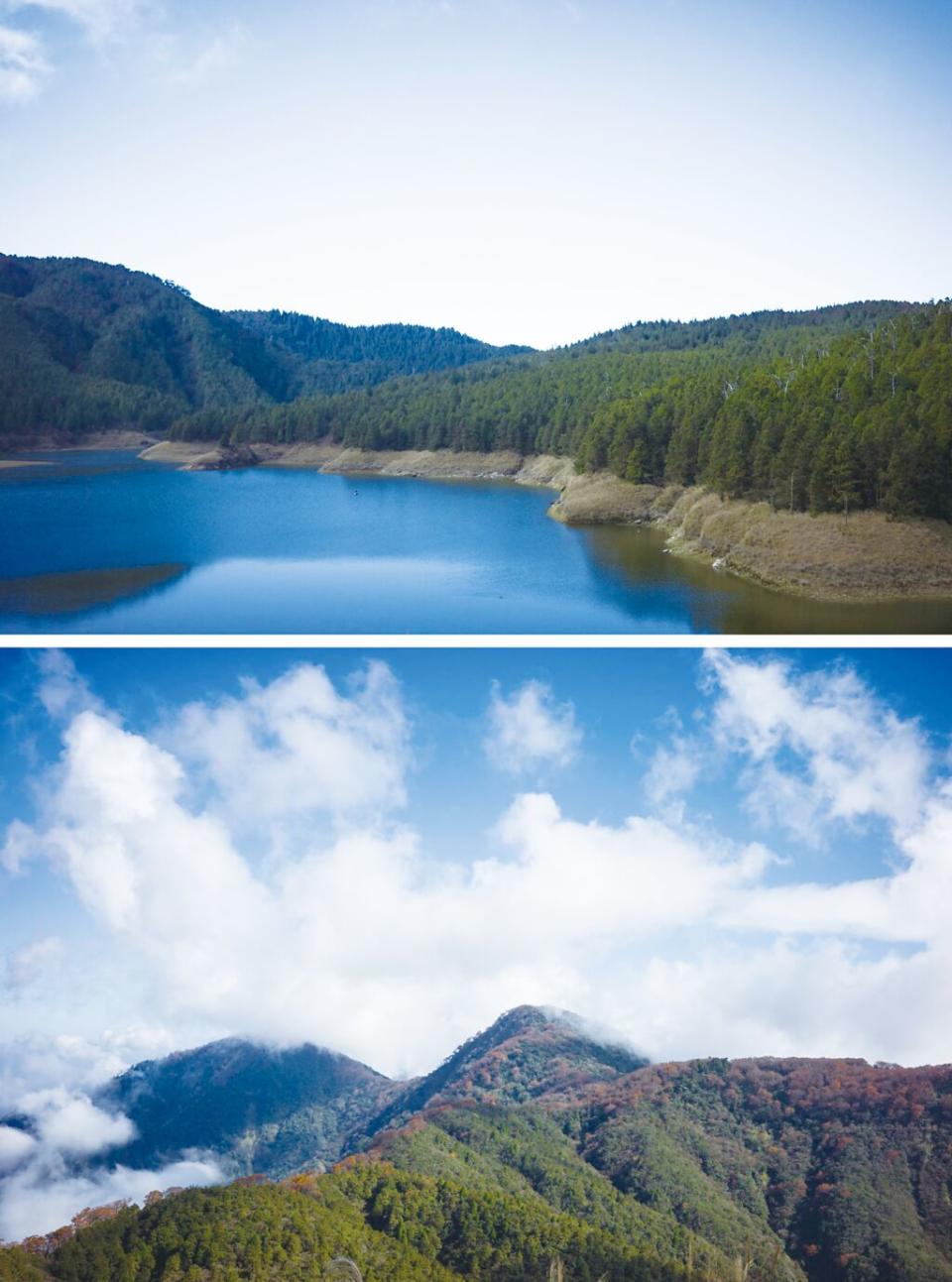 翠峰湖景色（上）及稜線上山毛櫸金黃步道（下）。圖／周榮發