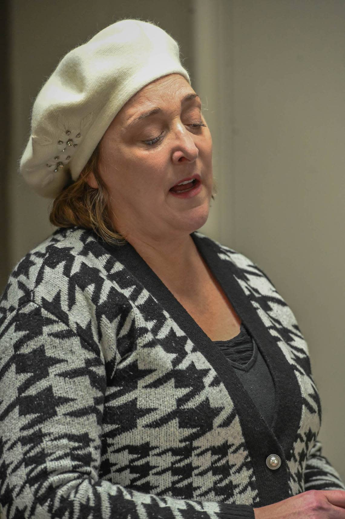 Karyn Czar, an anchor and reporter and Lexington stage performer, is slated to be the emcee and one of the featured performers in “On My Way,” a program of songs by female composers presented by the Lexington Theatre Company Feb. 18, 2023 at First United Methodist Church of Lexington. She is shown is rehearsal at First United Methodist on Feb. 11, 2023 with director Brance Cornelius and music director Nathaniel Beliveau.