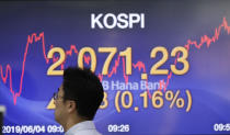A currency trader walks by the screen showing the Korea Composite Stock Price Index (KOSPI) at the foreign exchange dealing room in Seoul, South Korea, Tuesday, June 4, 2019. Shares are mixed in Asia after a tumultuous session for tech shares on Wall Street.(AP Photo/Lee Jin-man)