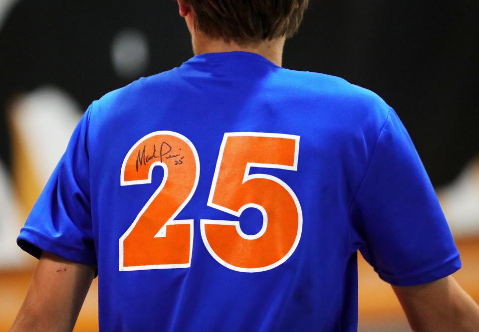 One camper wore a shirt with Mark Price’s autograph during the former Cleveland Cavaliers point guard’s basketball skills camp, Wednesday, July 26, 2023, in North Canton, Ohio.