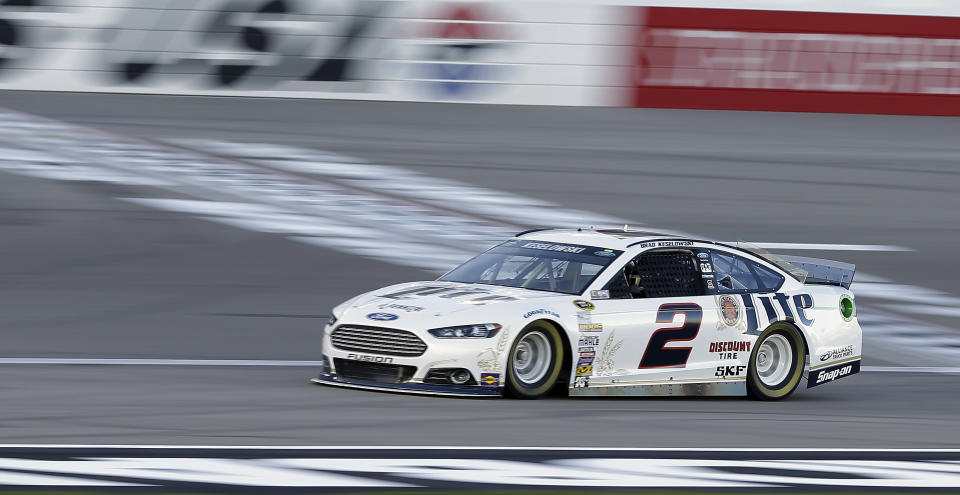 Brad Keselowski drives during qualifying for Sunday's NASCAR Sprint Cup Series auto race, Friday, March 7, 2014, in Las Vegas. (AP Photo/Isaac Brekken)