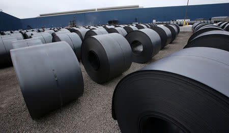 Steel coils sits in the yard at the Novolipetsk Steel PAO steel mill in Farrell, Pennsylvania, U.S., March 9, 2018. REUTERS/Aaron Josefczyk