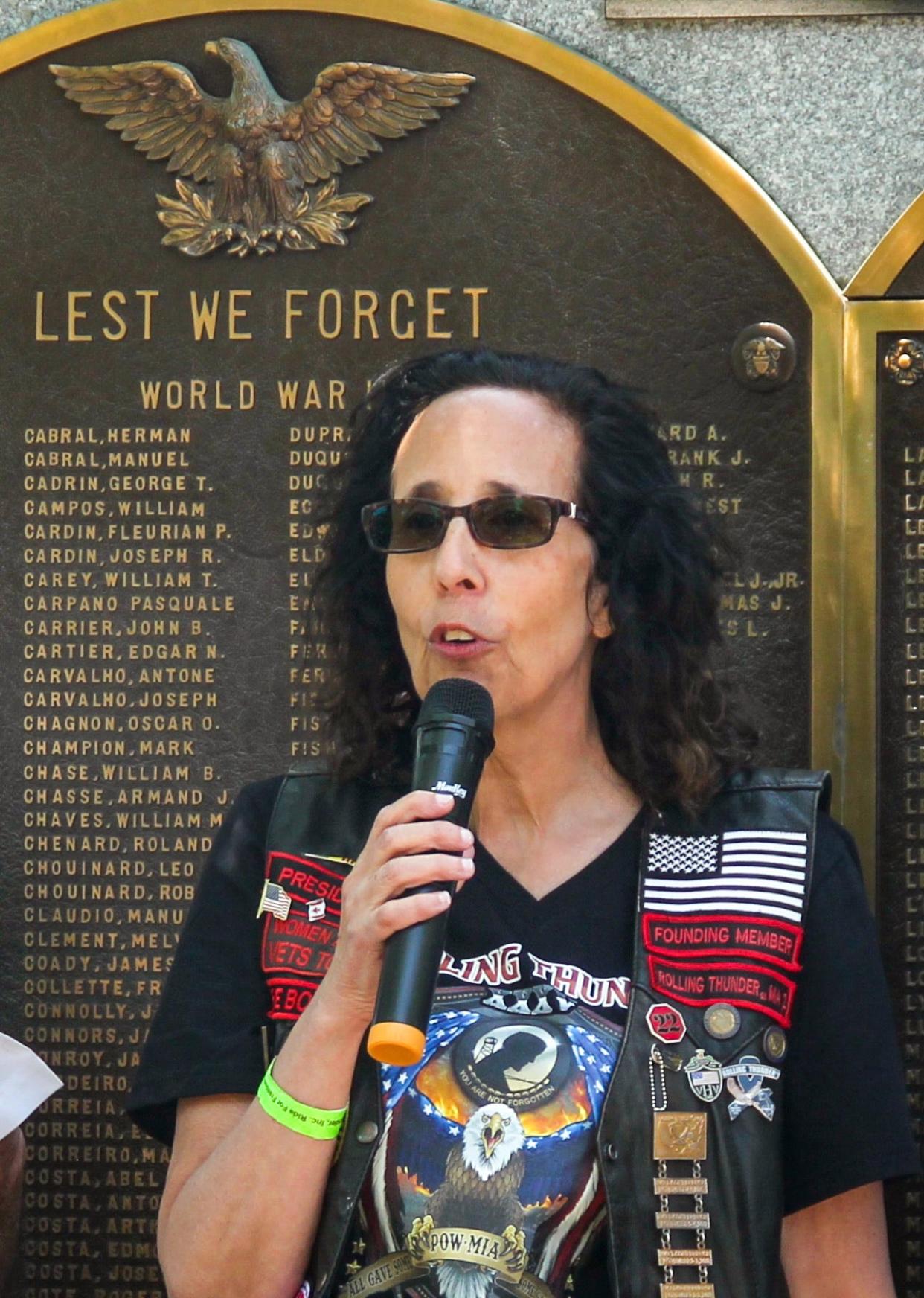 Fall River Veterans Agent Michelle Hamilton who is leaving her position in Fall River, delivers a speech before the city's Memorial Day parade and dedication at Kennedy Park on Sunday, May 28, 2023.