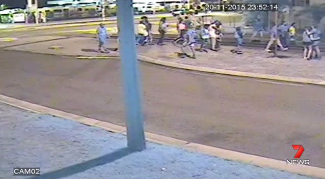 The moment the CCTV captured with brawl beginning. Source: 7 News.
