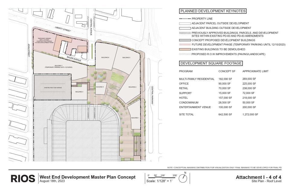 The proposed site plan reveals seven buidings for phase one of the development. The boxy outlines of each building shown here are exaggerated, according to the project team.