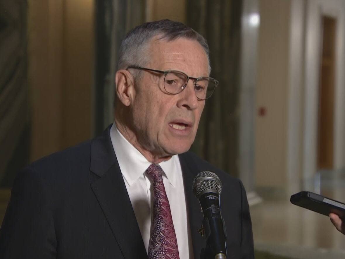 Don Morgan, the minister responsible for SaskEnergy, speaks to reporters in Regina on Thursday, April 27, 2023. (CBC News - image credit)