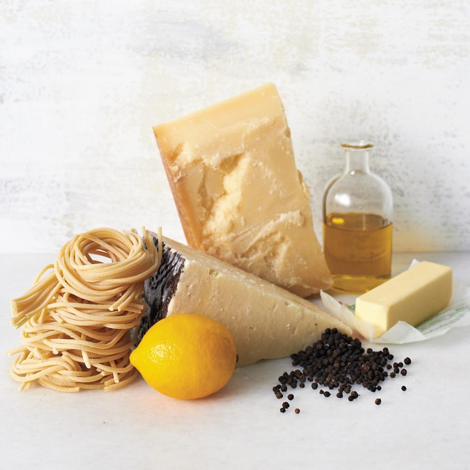 pasta, cheese, butter, olive oil, pepper