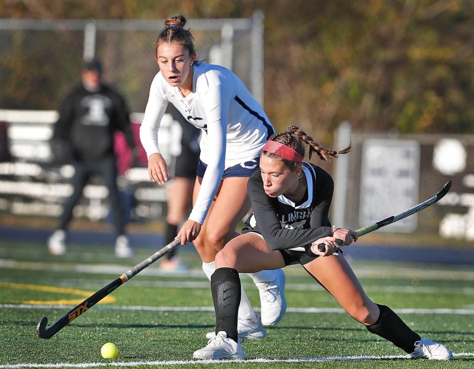 Skipper Libby Schiffmann reaches in to block a shot by Bellingham's Luci Walden.
Cohasset hosted Bellingham in the first round of the MIAA girls field hockey tournament on Thursday, Nov. 2, 2023