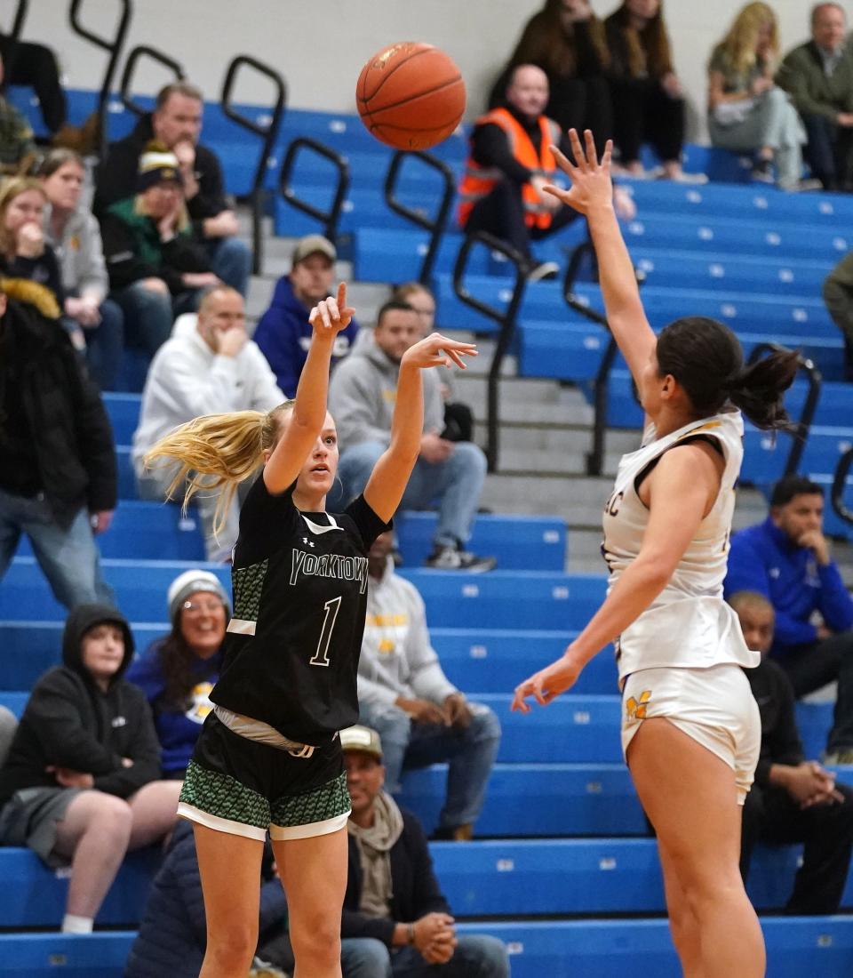 Yorktown's Kaitlyn Judge (1) puts up a shot from outside during the first round of the Class AA girls basketball playoffs against Mahopac at Mahopac High School on Friday, Feb. 16, 2024.