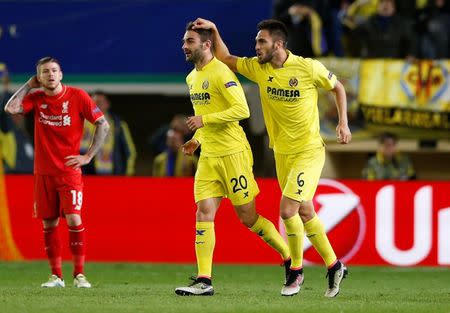 Football Soccer - Villarreal v Liverpool - UEFA Europa League Semi Final First Leg - El Madrigal Stadium, Villarreal, Spain - 28/4/16 Villarreal's Adrian celebrates scoring their first goal Reuters / Albert Gea Livepic