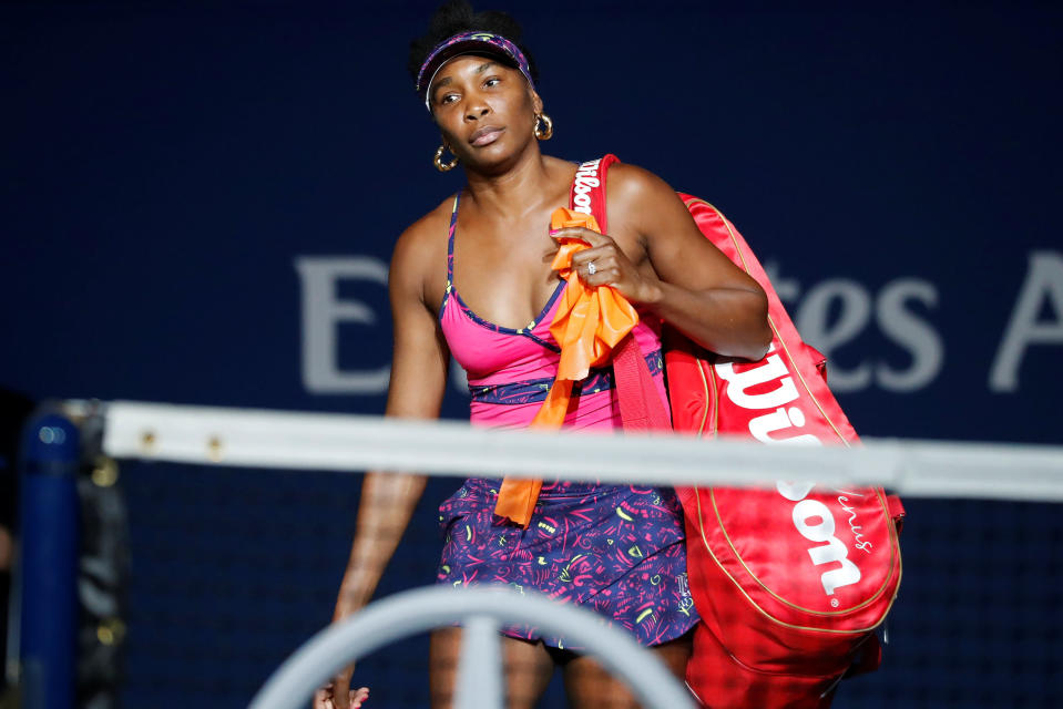 FILE PHOTO: Aug 31, 2018; New York, NY, USA; Venus Williams of the United States walks onto the court prior to her match against Serena Williams of the United States (not pictured) in the third round on day five of the US Open at USTA Billie Jean King National Tennis Center. Mandatory Credit: Geoff Burke-USA TODAY Sports -/File Photo