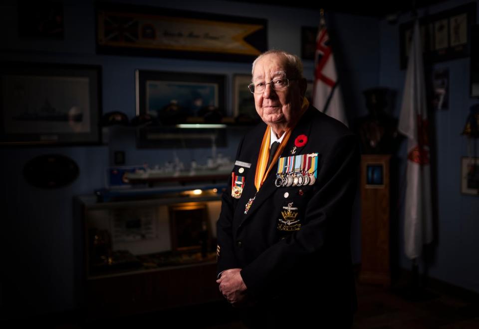 Andy Barber, an 87-year-old Korean War veteran, poses for a picture at the Halton Naval Veterans Association Burlington, Ont. on Friday November 6, 2020. Barber served as the Leading Seaman of Communications, Visual Trade Group 2, on HMCS Haida in the navy as part of a peacekeeping force immediately following the armistice in July 1953.