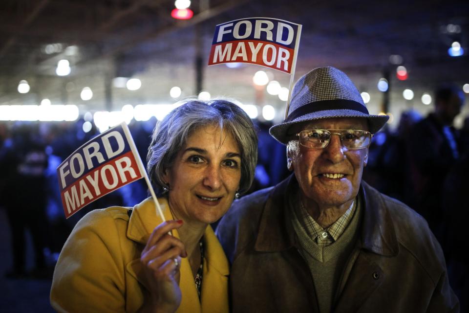 Toronto Mayor Rob Ford supporters Linda and Tom Dean pose at Ford's campaign launch party in Toronto, April 17, 2014. The Toronto municipal election is set for October 2014.