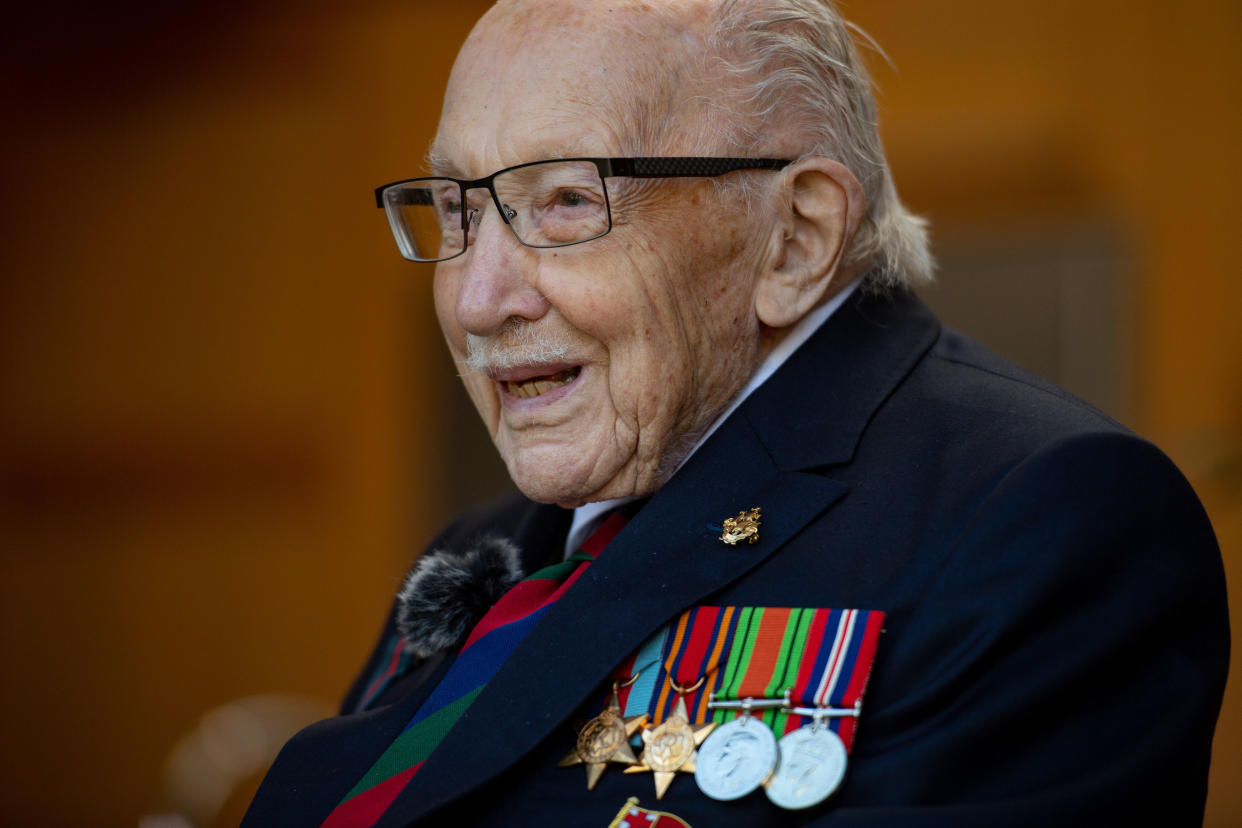 Captain Sir Tom Moore in Marston Moretaine, Bedford at the launch event for the Lloyd Scott Three Peaks Challenge. The veteran fundraiser will attempt to climb the Three Peaks whilst wearing a deep sea diving suit. (Photo by Jacob King/PA Images via Getty Images)