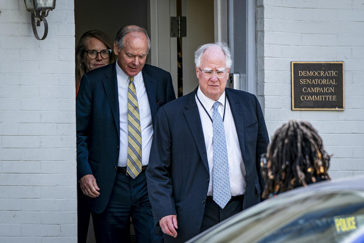 From right to left, the Biden advisers Mike Donilon, Steve Ricchetti and Jen O’Malley Dillon leaving a meeting with Senate Democrats in Washington earlier this month.