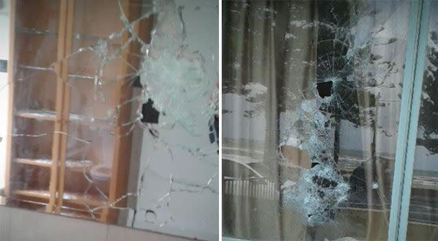 A mirror destroyed in the home along with a window. Source: 7 News