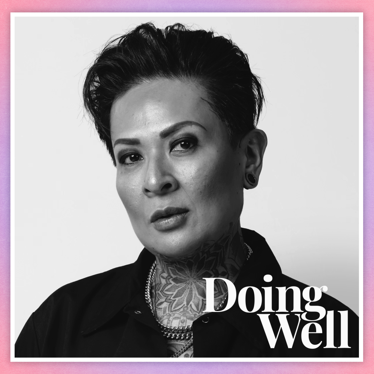  Black and white portrait of Chef K on a pink and purple ombré background with text that says "Doing Well" . 