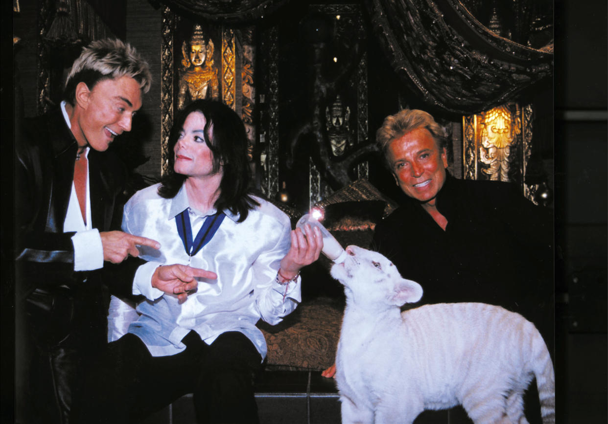 Singer Michael Jackson bottle-feeds one of Siegfried and Roy's white tigers backstage at the Mirage in 2002. 