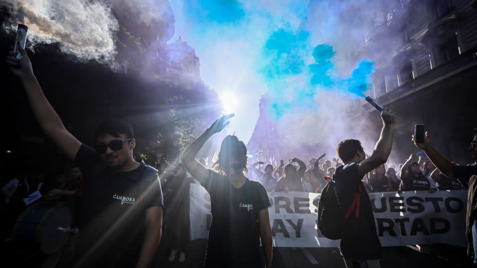 Students, teachers and political leaders take part in a march against budget cuts to universities in Buenos Aires on April 23. - Luciano Gonzalez/Anadolu Agency/Getty Images