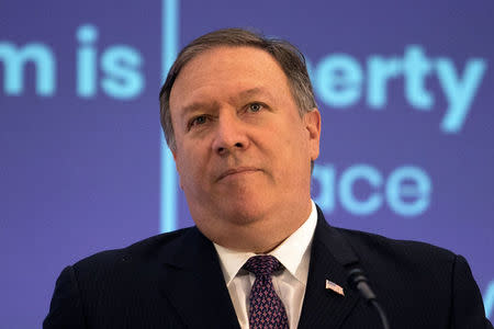 FILE PHOTO: U.S. Secretary of State Mike Pompeo at a press conference at the Ministerial to Advance Religious Freedom at the State Department in Washington, U.S., July 26, 2018. REUTERS/Alex Wroblewski/File Photo