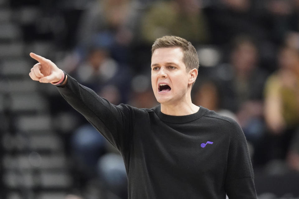 Utah Jazz head coach Will Hardy shouts to his team during the first half of an NBA basketball game against the New Orleans Pelicans Thursday, Dec. 15, 2022, in Salt Lake City. (AP Photo/Rick Bowmer)