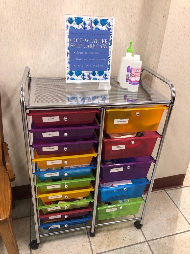 The cold weather self-care cart at Western Pocono Community Library includes hygiene products and gloves, hats and socks, as seen on Thursday, Feb. 22, 2024.