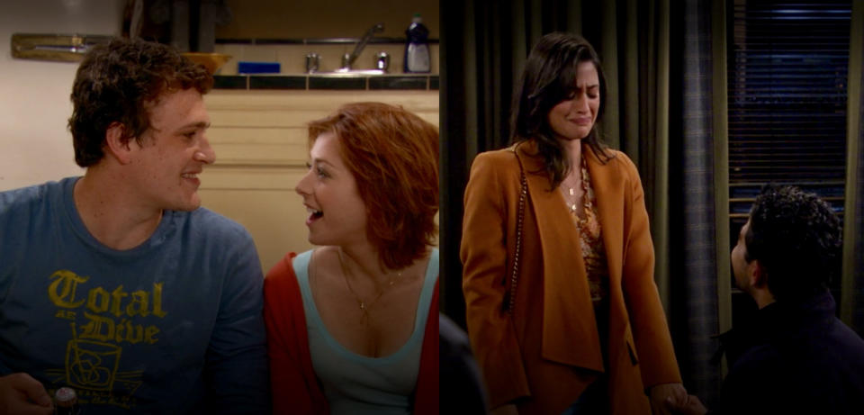 Marshall and Lily (left) and Sid and Hannah (right) getting engaged on their respective shows