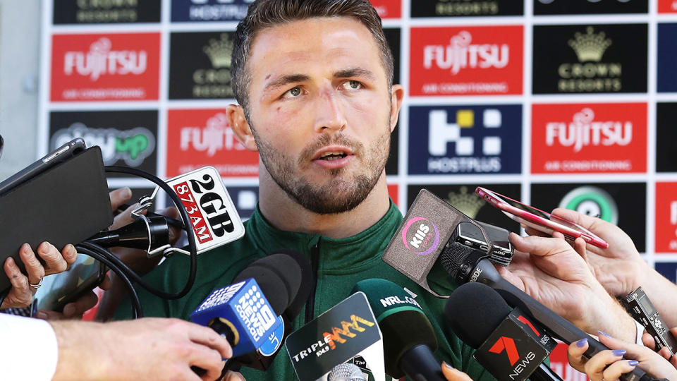 Sam Burgess speaks to the press. (Photo by Mark Kolbe/Getty Images)