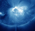 An X1.4 class flare erupted from the center of the sun, peaking on July 12, 2012 at 12:52 PM EDT. It erupted from Active Region 1520 which rotated into view on July 6. A blast of charged solar particles from a solar storm was due to arrive July 14 and shake Earth's magnetic field.