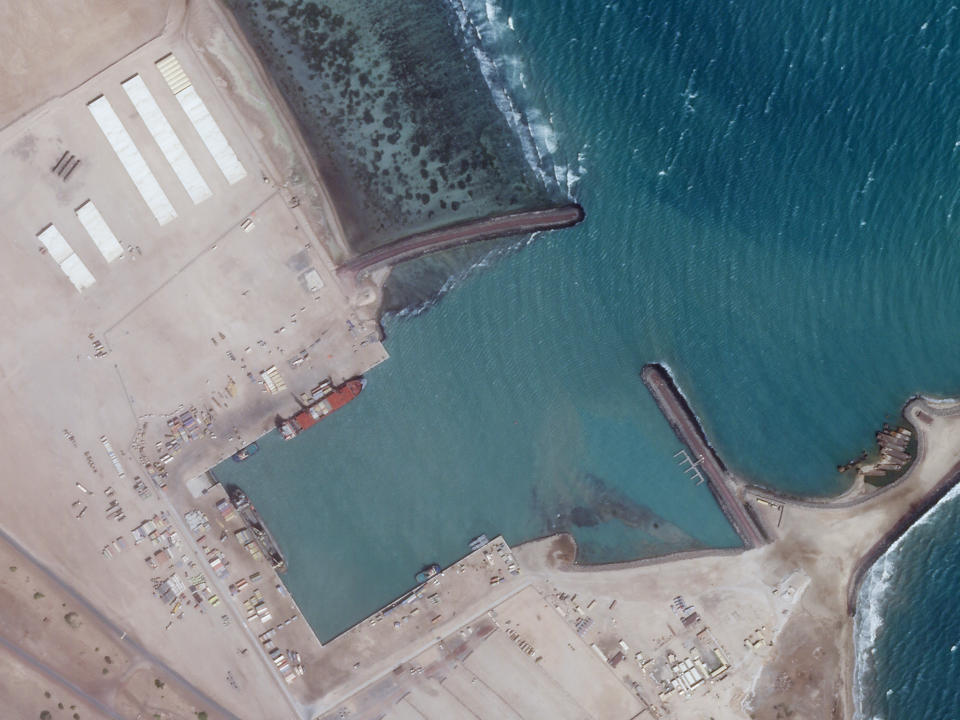 A Feb. 5, 2021, satellite photo from Planet Labs Inc. shows an empty port at an Emirati military base in Assab, Eritrea. The United Arab Emirates is dismantling parts of a military base it runs in the East African nation of Eritrea after it pulled back from the grinding war in nearby Yemen, satellite photos analyzed by The Associated Press show. (Planet Labs Inc. via AP)