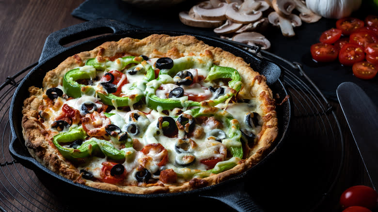 Pizza in cast iron skillet