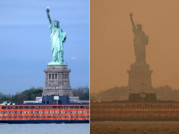 PHOTO: The Staten Island Ferry goes past the Statue of Liberty in New York on May 21, 2017, and on June 6, 2023. (Gary Hershorn/Getty Images | Amr Alfiky/Reuters)