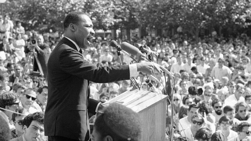 Dr. Martin Luther King Jr. speaks at the University of California administration building in Berkeley on May 17, 1967.