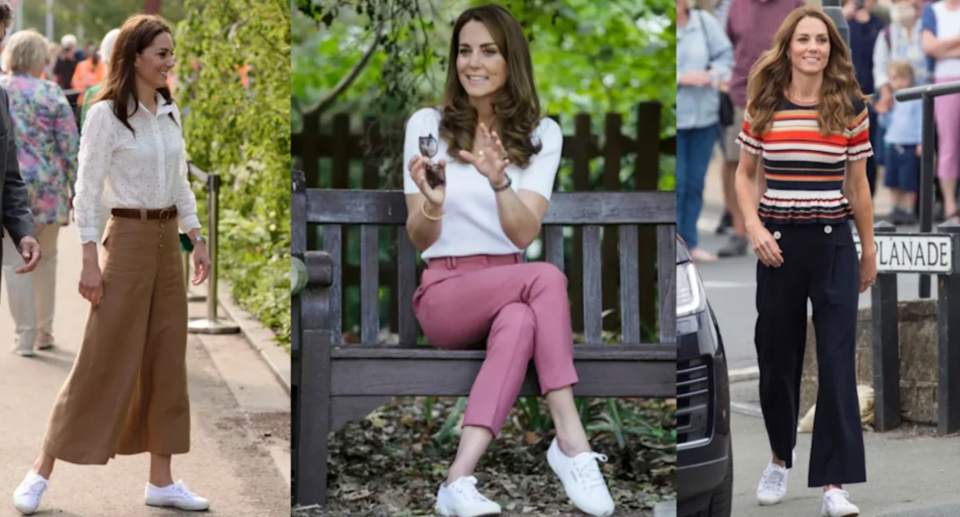 kate middleton wearing superga cotu sneakers in white, These $65 USD/$82 CAD sneakers are a Kate Middleton go-to (Photos via Getty)