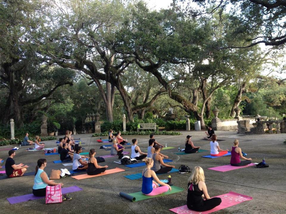 A morning yoga class at Vizcaya Museum and Gardens.